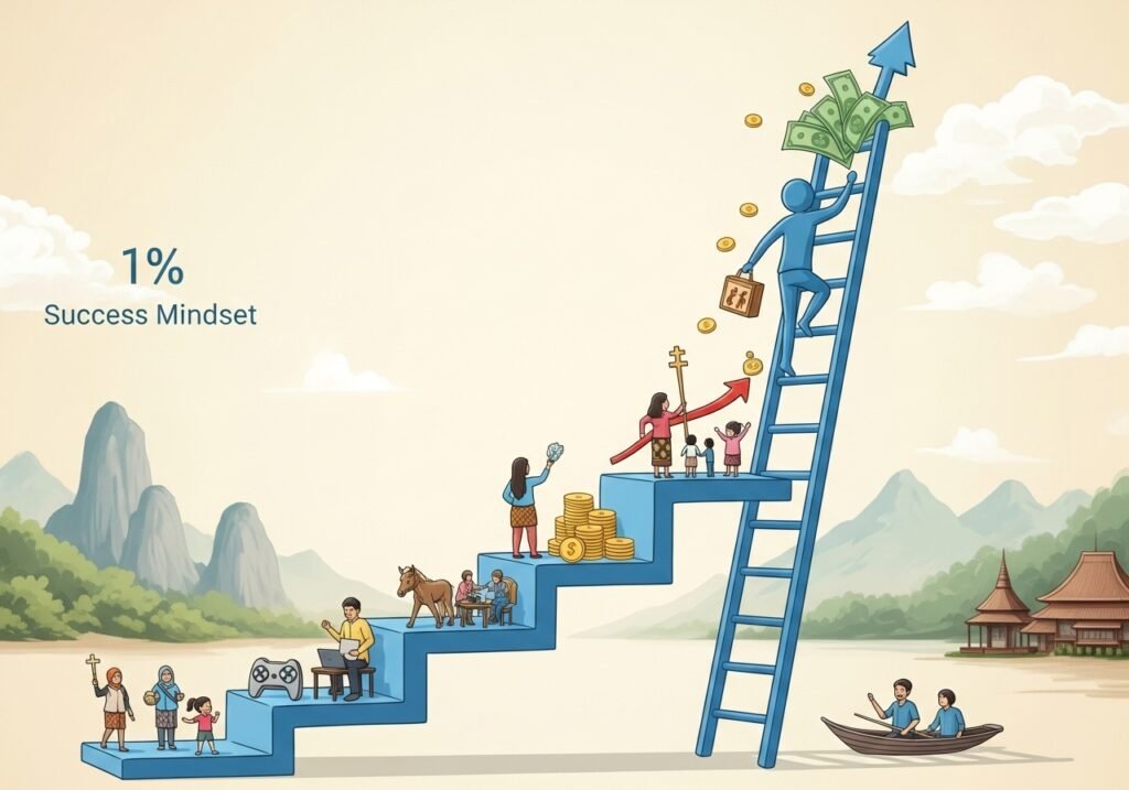 Ilustrasi stickman biru naik tangga mewakili Mindset Sukses 1% dan pertumbuhan hidup.