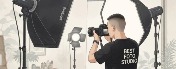 Maksimalkan Kreativitas Anda: Keunggulan Fotografi Studio Indoor 20 Fotografer menggunakan peralatan lighting di dalam studio foto menunjukkan keunggulan fotografi studio