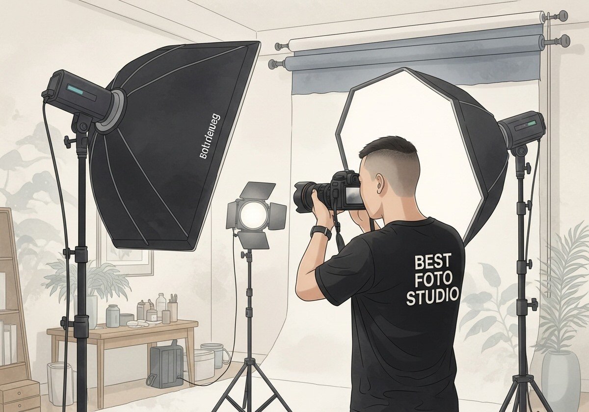 Fotografer menggunakan peralatan lighting di dalam studio foto menunjukkan keunggulan fotografi studio