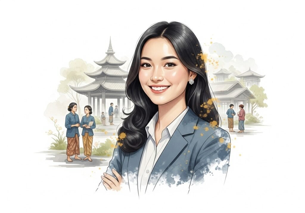 Seorang profesional muda tersenyum percaya diri dalam foto profesional untuk LinkedIn