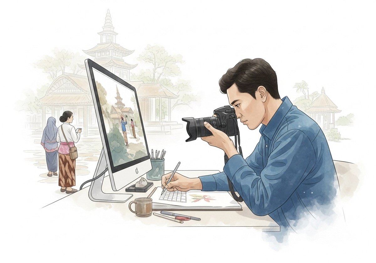 Seorang seniman sedang menciptakan karya dengan bantuan alat digital, menunjukkan kolaborasi harmonis antara Kreativitas di Era AI dan sentuhan manusia.